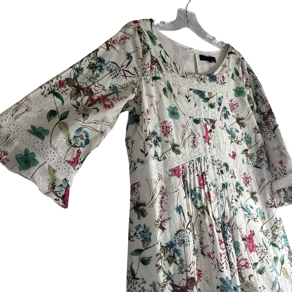 Sanctuary Womens Dress White Floral Eyelet Boho 3/4 Sleeve Keyhole Babydoll M